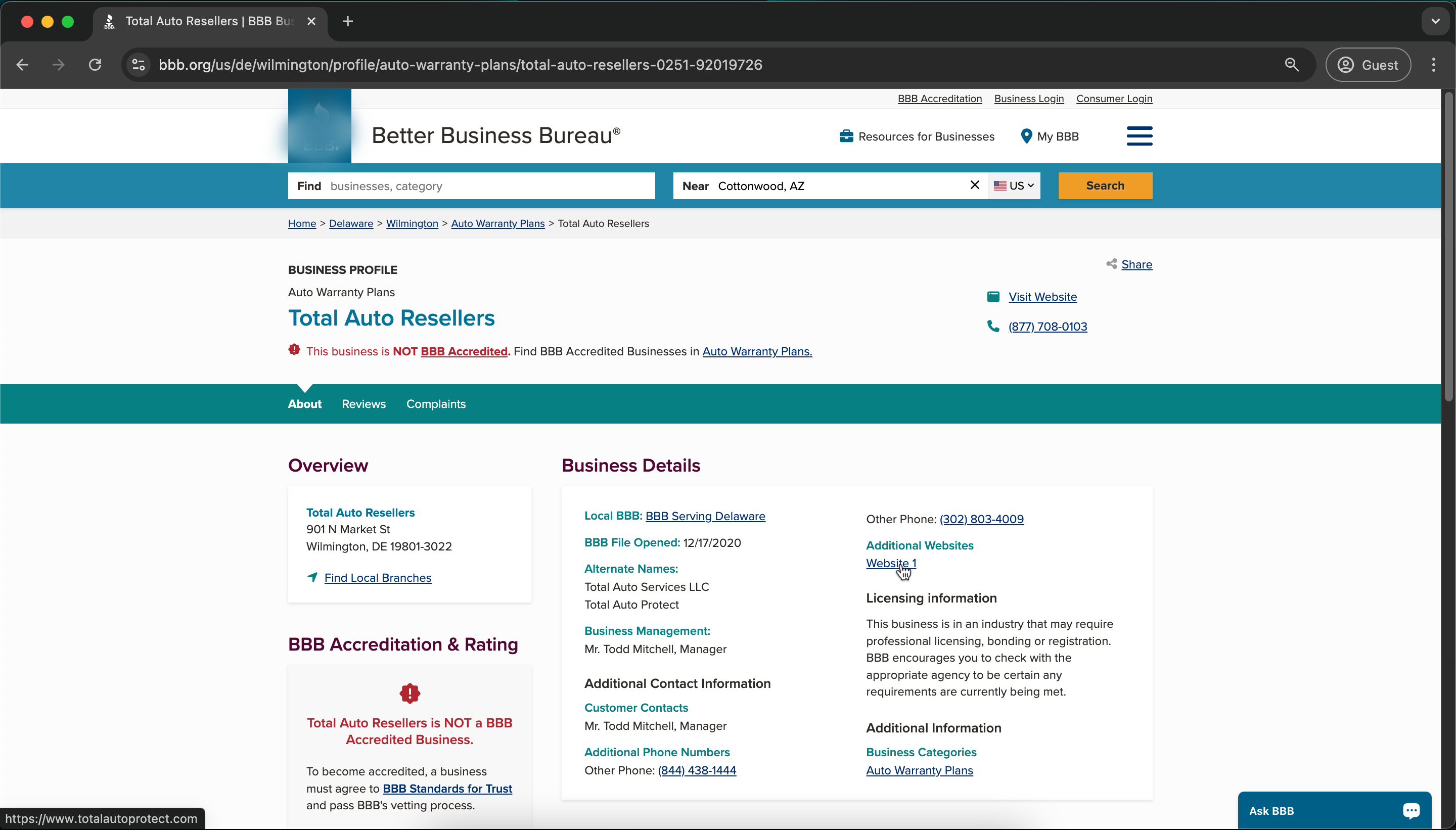 Total Auto Protect BBB Listing
