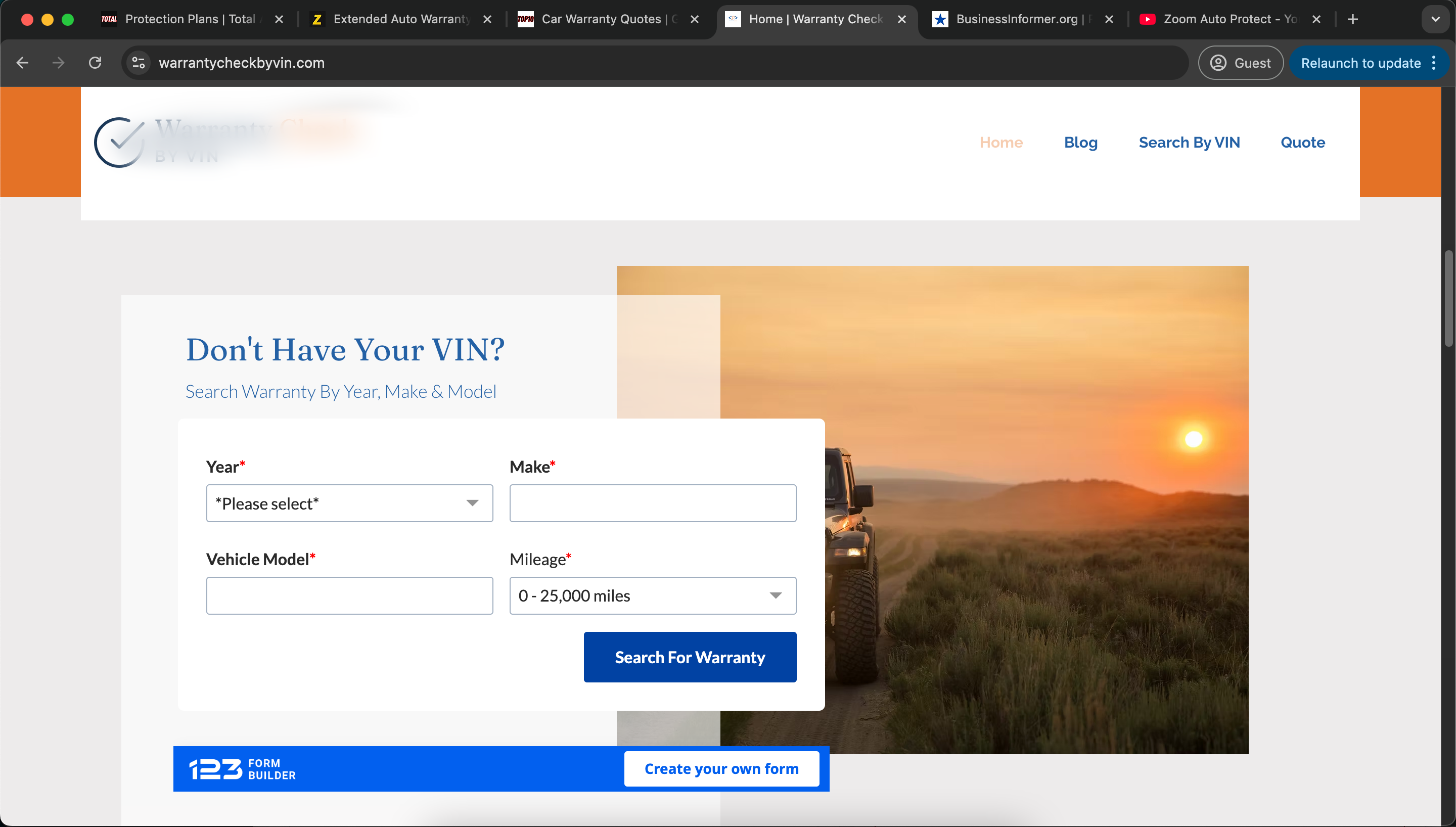 Warranty Check By Vin Search Form